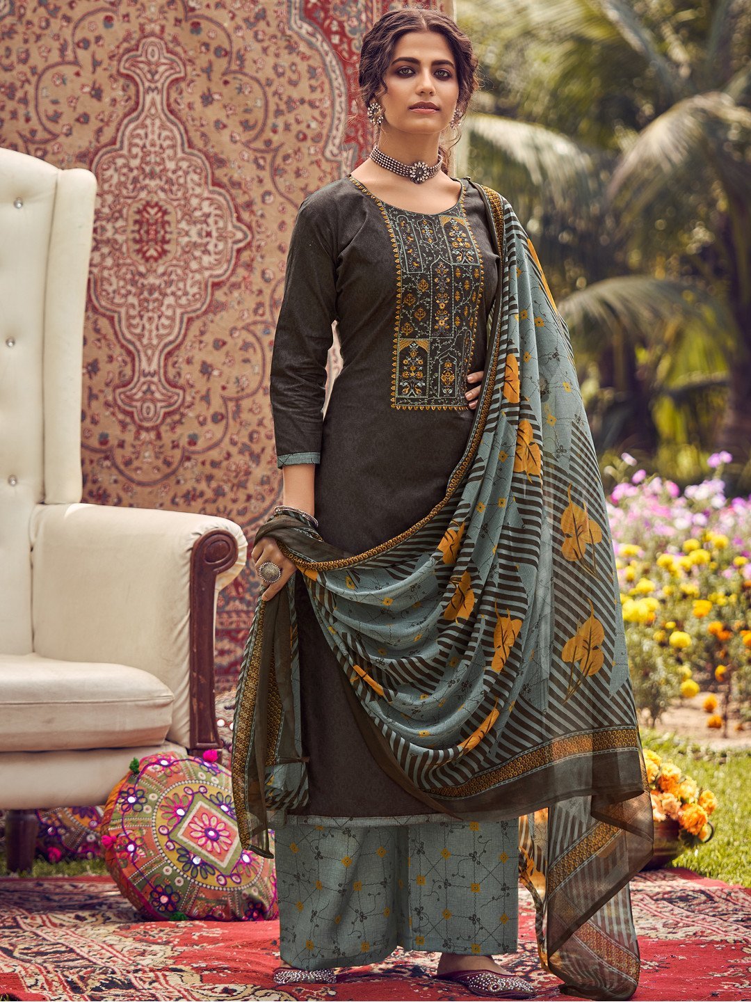 Unstitched Cotton Embroidered Brown Salwar Kameez Suit Set - Stilento