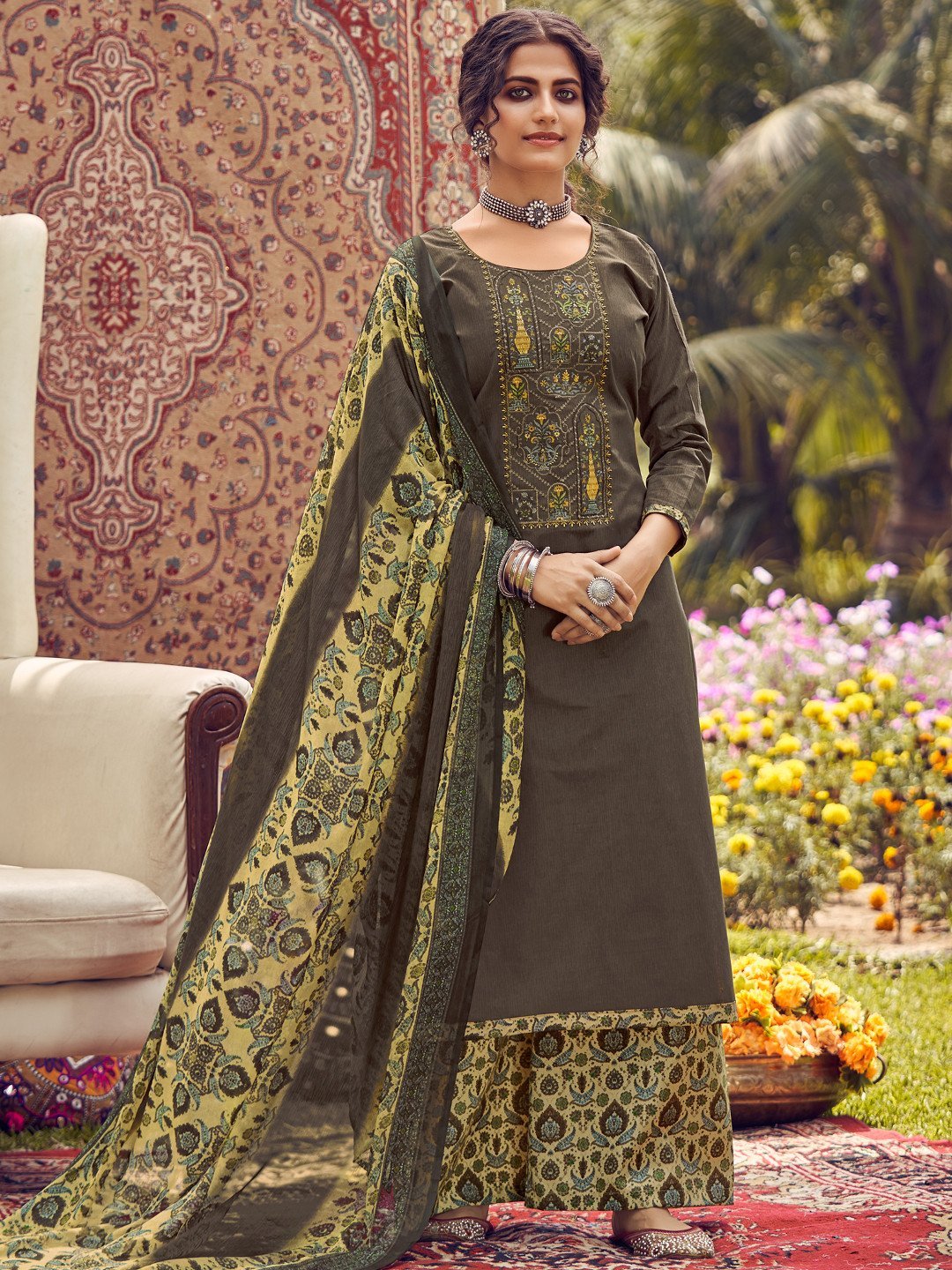 Unstitched Cotton Embroidered Brown Salwar Kameez Suit Set - Stilento