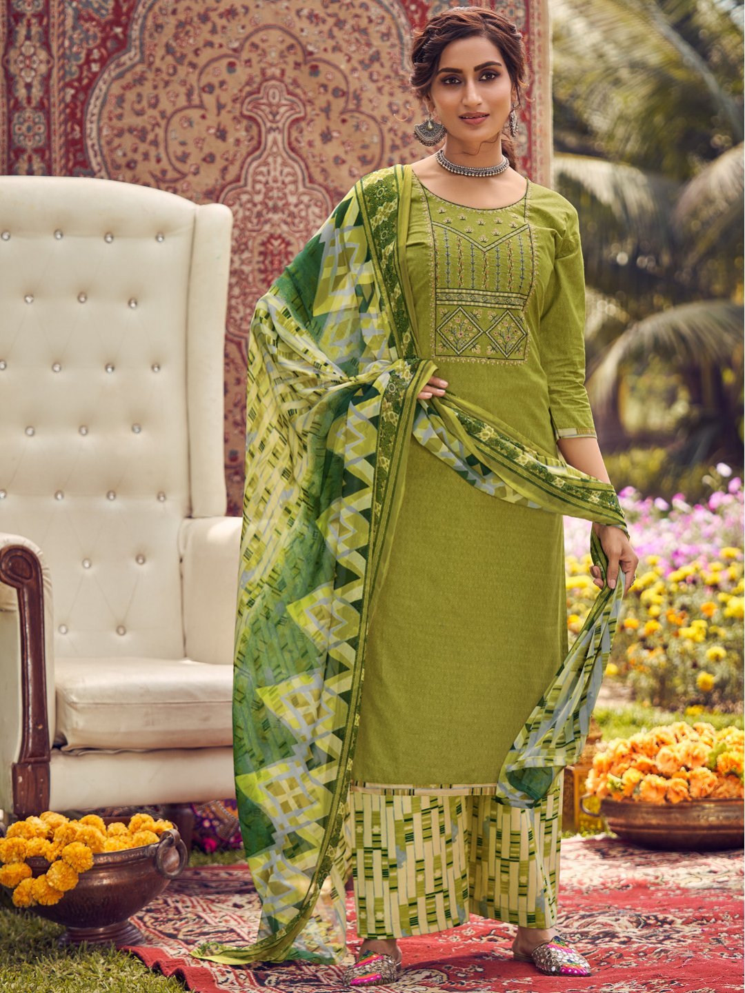 Unstitched Cotton Embroidered Green Salwar Kameez Suit Set - Stilento