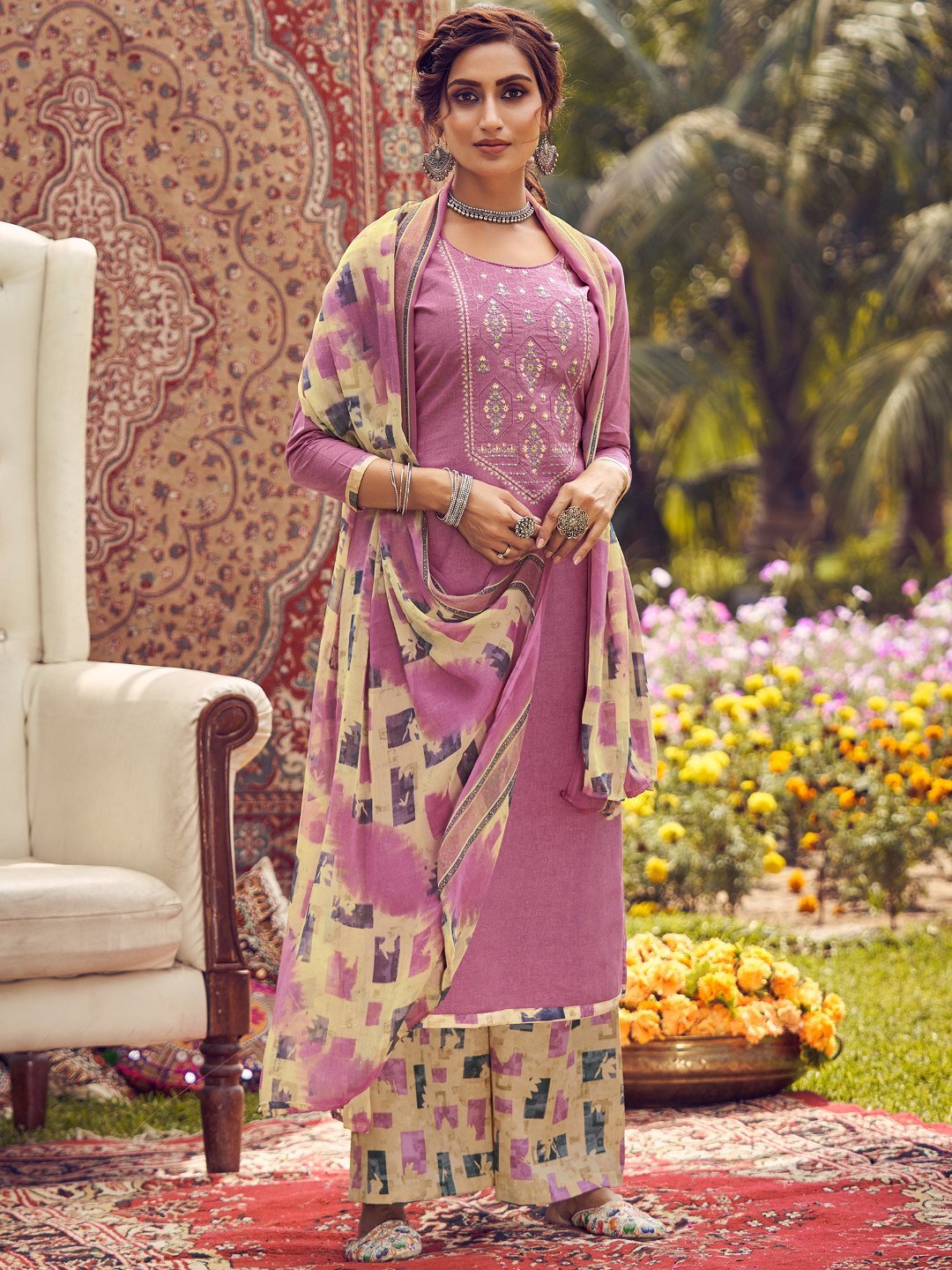 Unstitched Cotton Embroidered Mauve Salwar Kameez Suit Set - Stilento