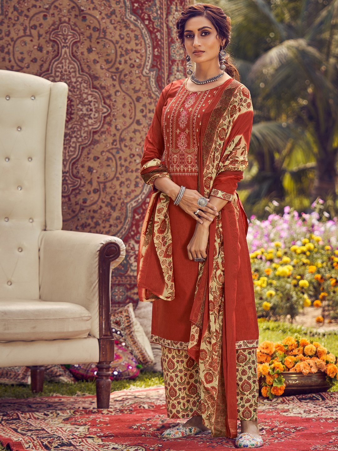Unstitched Cotton Embroidered Orange Salwar Kameez Suit Set - Stilento