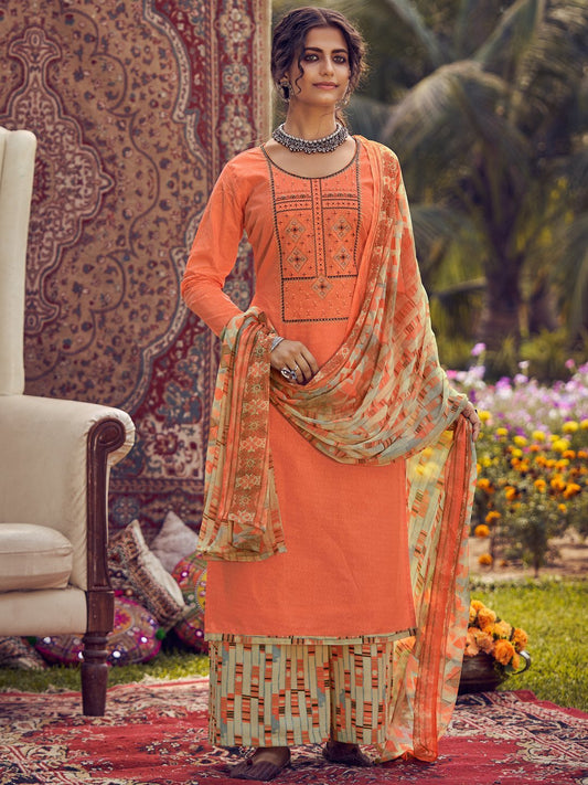 Unstitched Cotton Embroidered Orange Salwar Kameez Suit Set