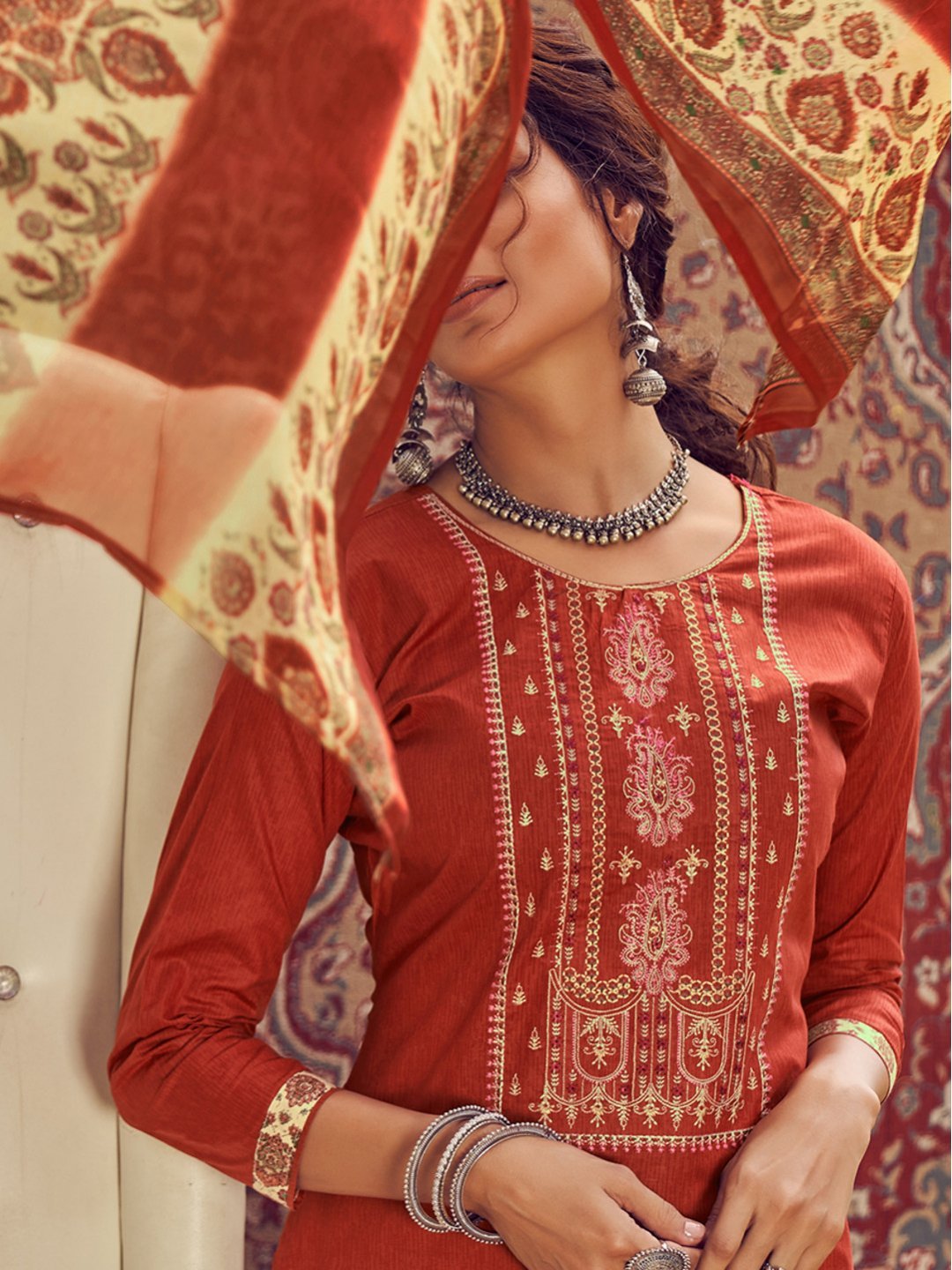 Unstitched Cotton Embroidered Orange Salwar Kameez Suit Set - Stilento