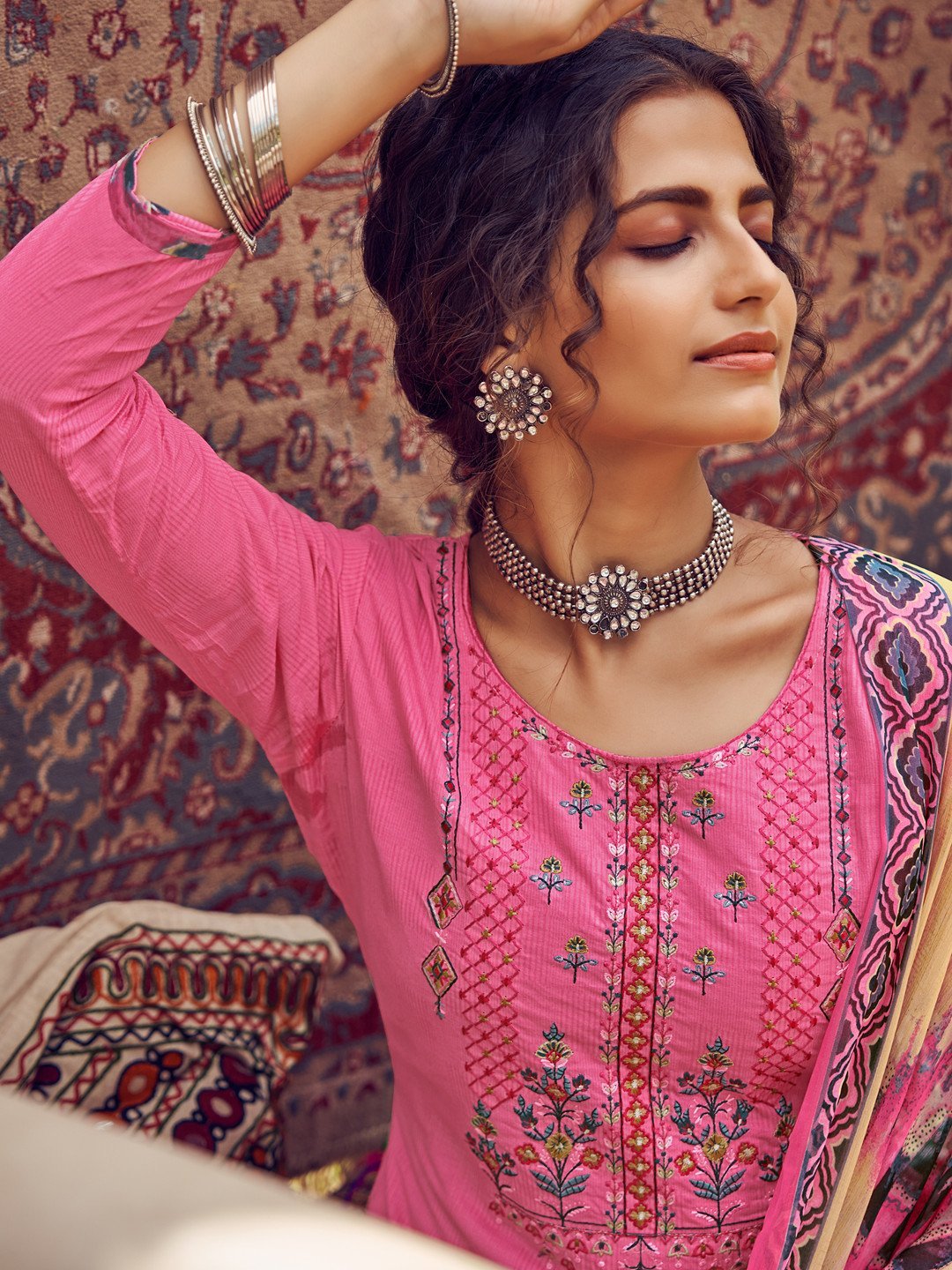 Unstitched Cotton Embroidered Pink Salwar Kameez Suit Set - Stilento