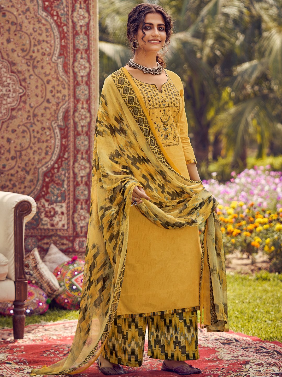 Unstitched Cotton Embroidered Yellow Salwar Kameez Suit Set - Stilento