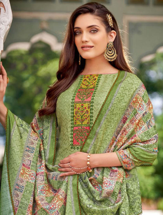 Unstitched Cotton Green Pakistani Karachi Suits Dress Material with Dupatta - Stilento