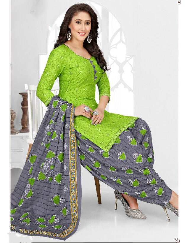 Unstitched Cotton Green Punjabi Suit Set Dress Material Fabric - Stilento