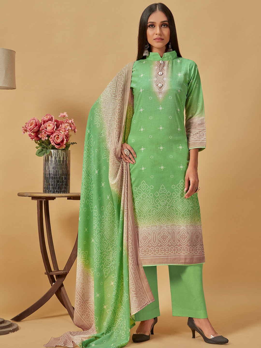 Unstitched Cotton Green Suit Dress Material for Ladies - Stilento