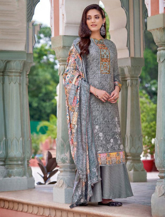 Unstitched Cotton Grey Pakistani Karachi Suits Dress Material with Dupatta - Stilento