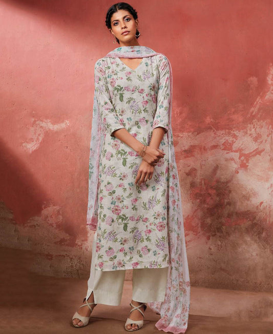 Unstitched Cotton Linen Printed Suit Set With Off-White Chiffon Dupatta
