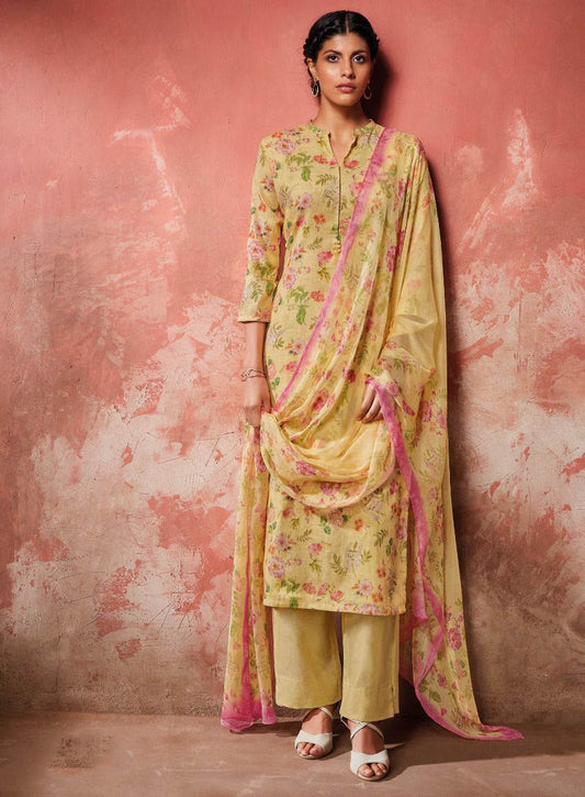 Unstitched Cotton Linen Printed Suit Set With Yellow Chiffon Dupatta