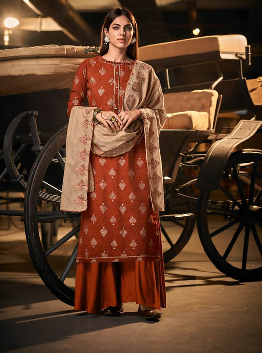 Unstitched Cotton Orange Salwar Suit with Lace Dupatta - Stilento