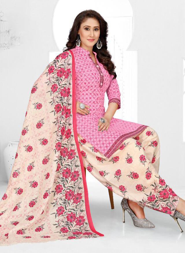 Unstitched Cotton Punjabi Pink Suit Set Dress Material Fabric - Stilento