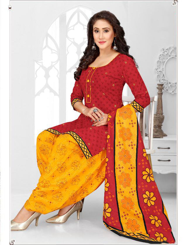 Unstitched Cotton Punjabi Red Suit Set Dress Material Fabric - Stilento