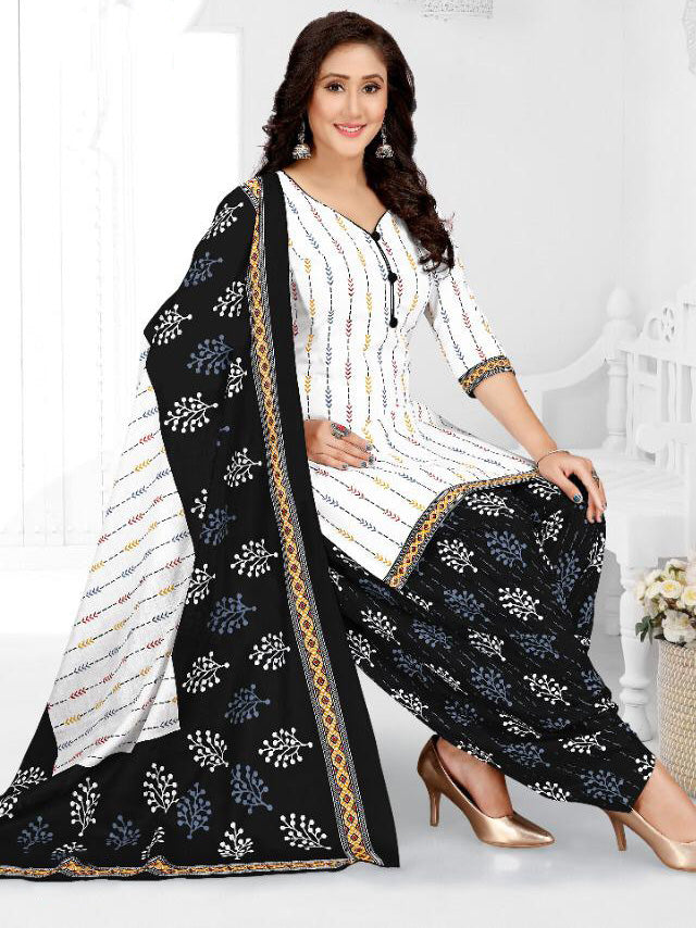 Unstitched Cotton Punjabi White Suit Set Dress Material Fabric - Stilento