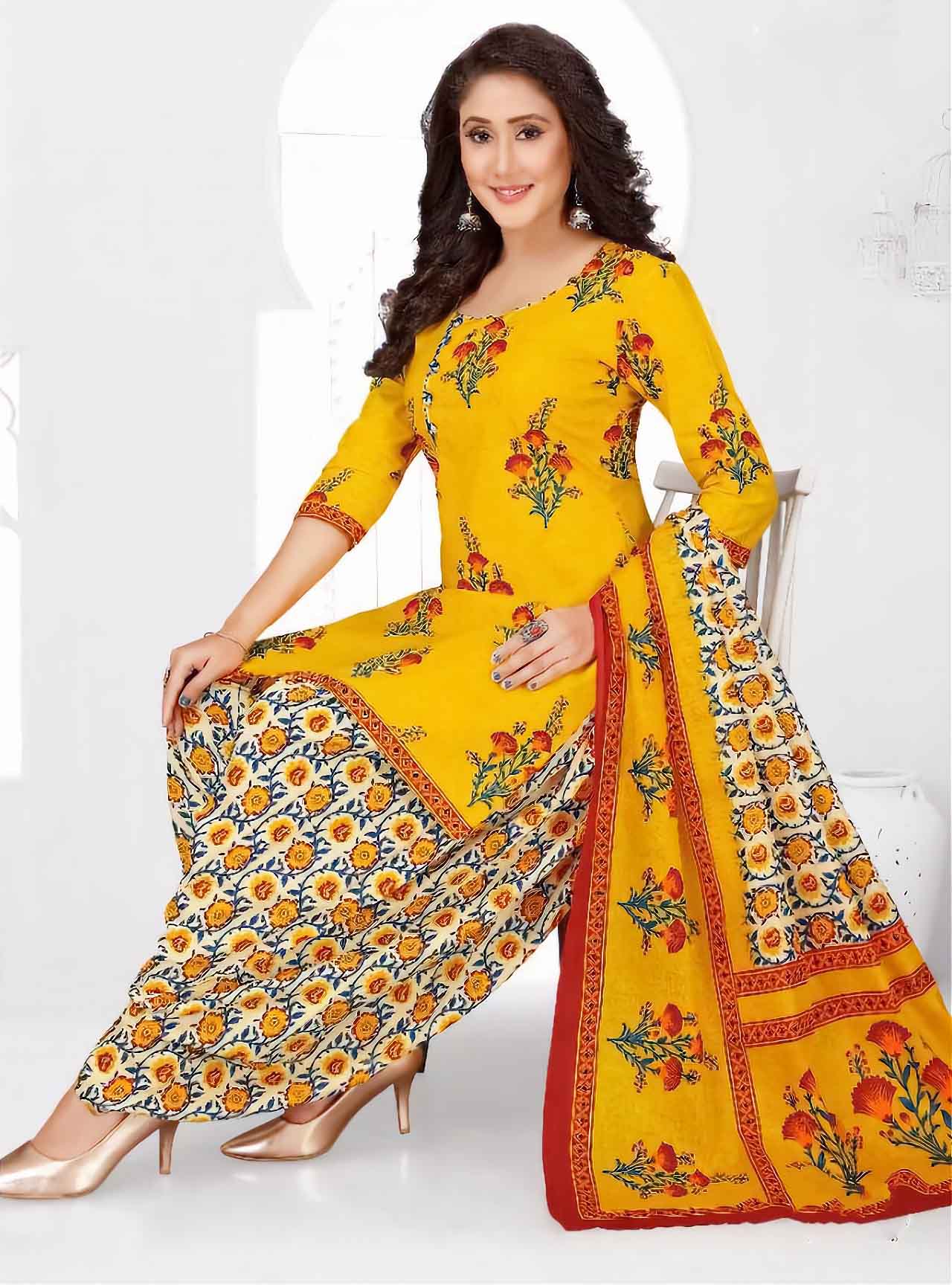 Unstitched Cotton Yellow Punjabi Suit Set Dress Material Fabric - Stilento