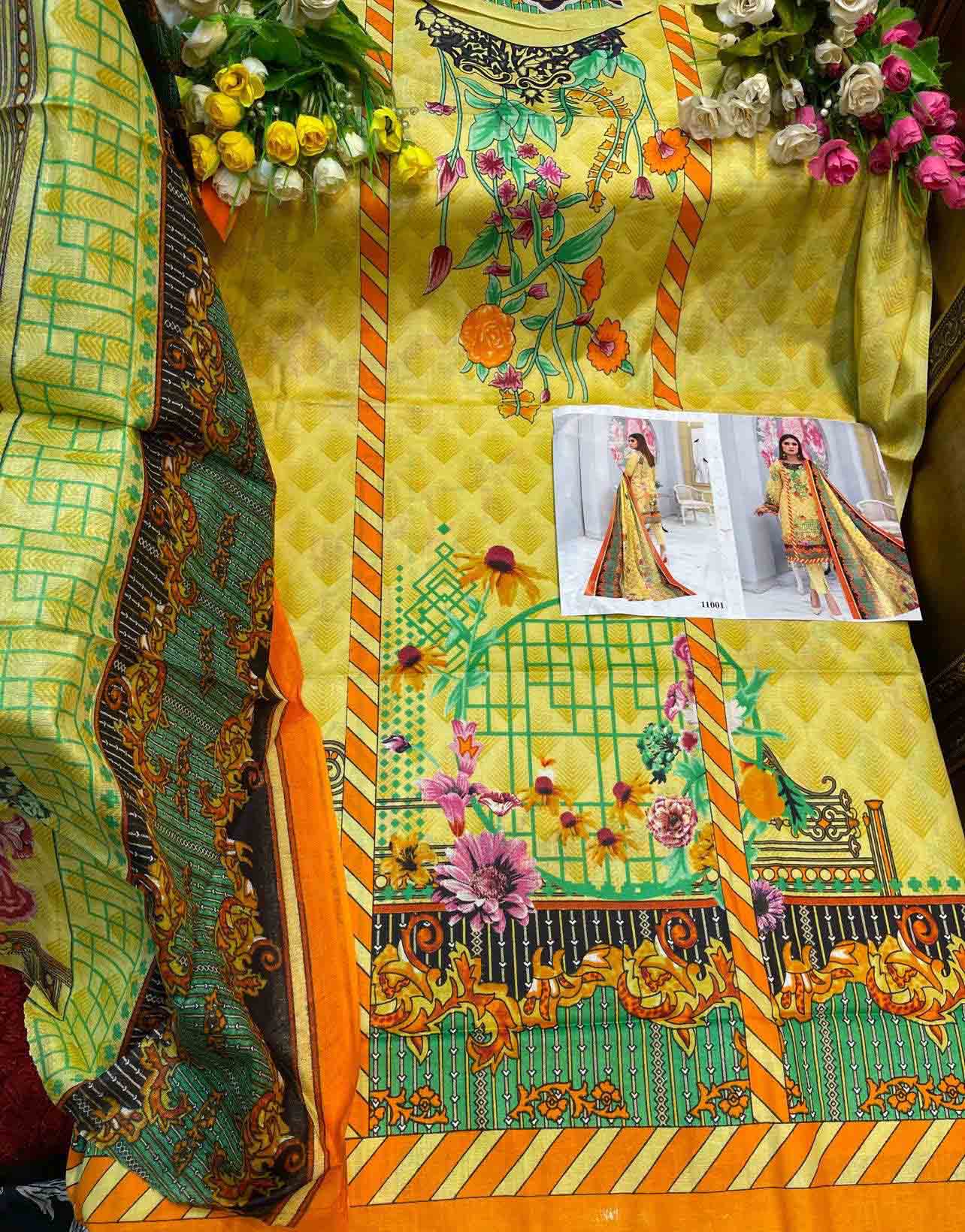 Unstitched Cotton Yellow Salwar Suit Pakistani Dress Material - Stilento