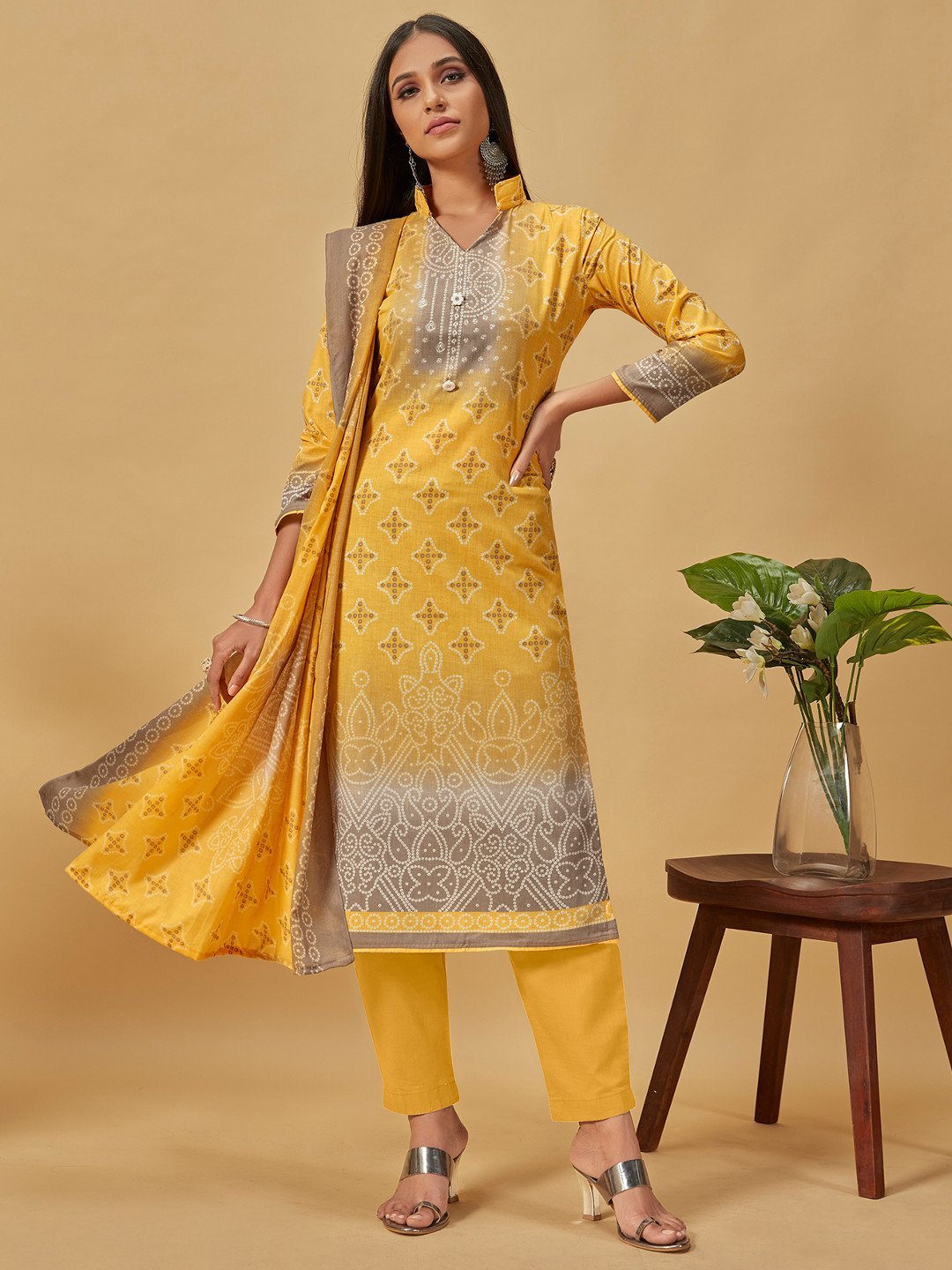 Unstitched Cotton Yellow Suit Dress Material for Ladies - Stilento