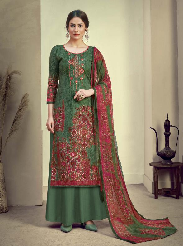 Unstitched Dark Green Cotton Embroidery Suits Dress Material - Stilento