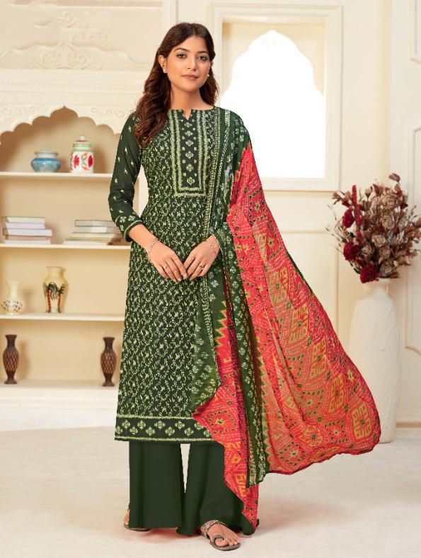 Unstitched Dark Green Salwar Suits Material with Chiffon Dupatta for Woman - Stilento