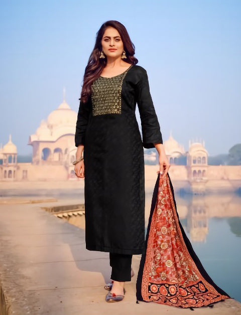 Unstitched Ethnic Black Salwar Suit Set Material with Embroidery - Stilento