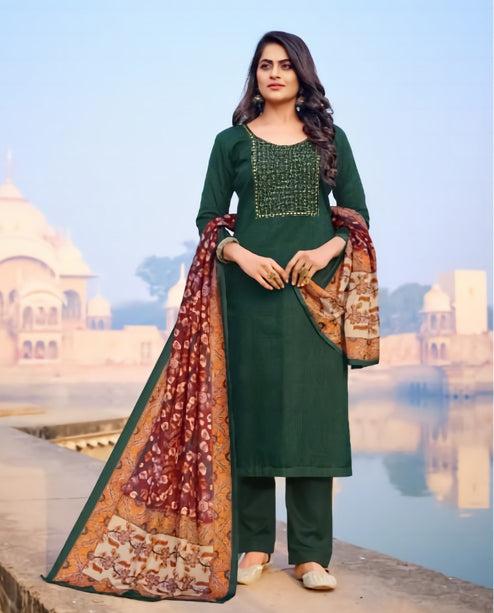 Unstitched Ethnic Green Salwar Suit Set Material with Embroidery - Stilento