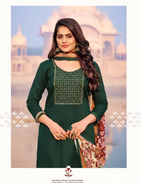 Unstitched Ethnic Green Salwar Suit Set Material with Embroidery - Stilento