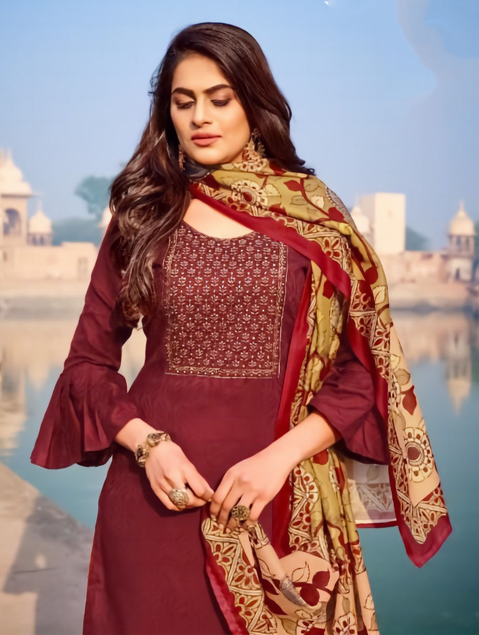 Unstitched Ethnic Maroon Salwar Suit Set Material with Embroidery - Stilento