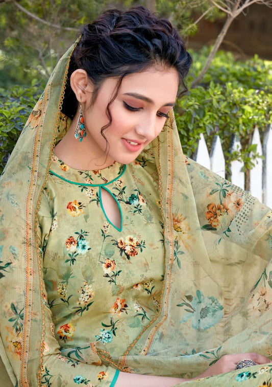 Unstitched Floral Printed Ladies Green Cotton suits with dupatta
