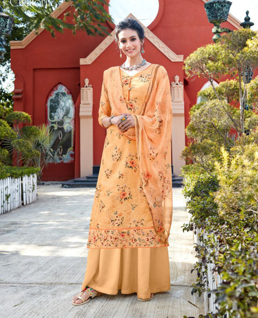 Unstitched Floral Printed Ladies Orange Cotton Suits With Embroidery