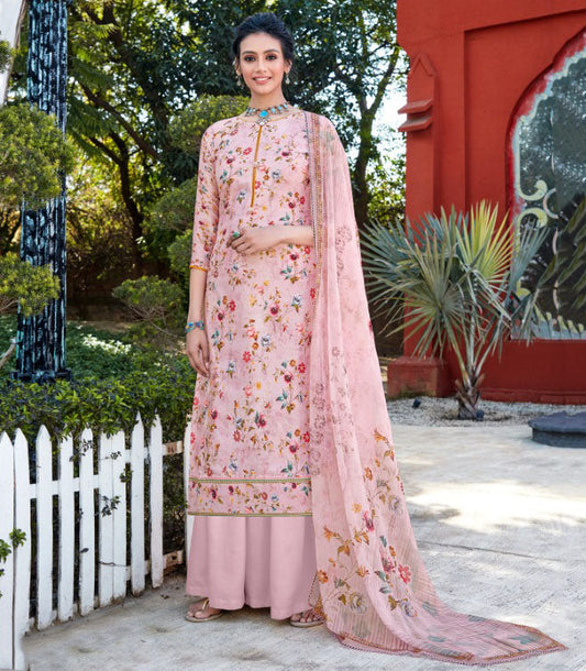Unstitched Floral Printed Ladies Pink Cotton Suits With Embroidery