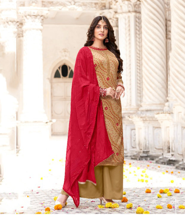 Unstitched Foil Print With Kasab Embroidery Palazzo Style Suit Material - Stilento