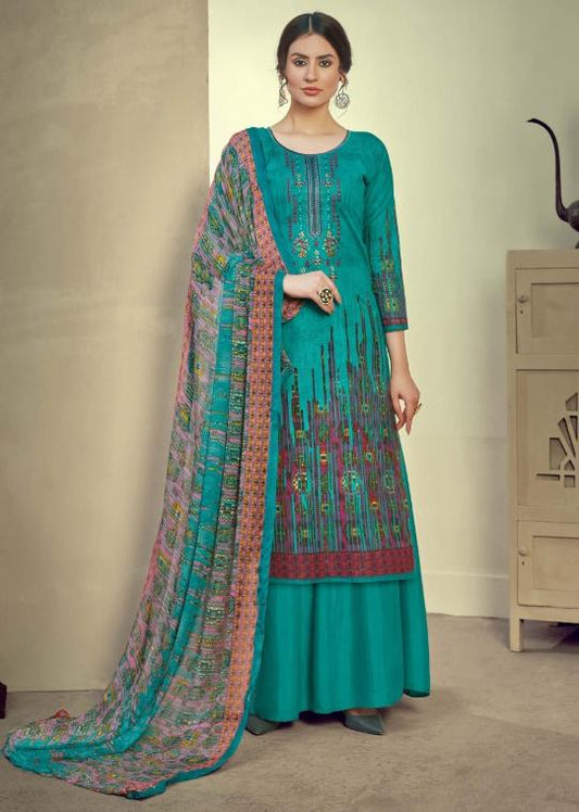Unstitched Green Cotton Embroidery Palazzo Suits Dress Material