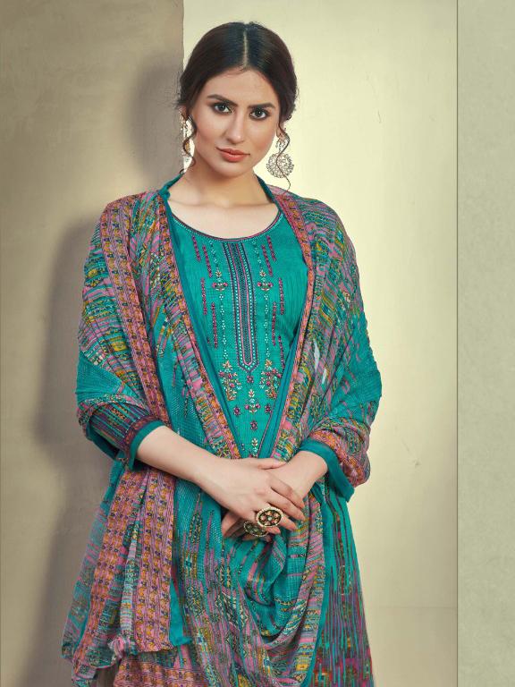Unstitched Green Cotton Embroidery Palazzo Suits Dress Material - Stilento