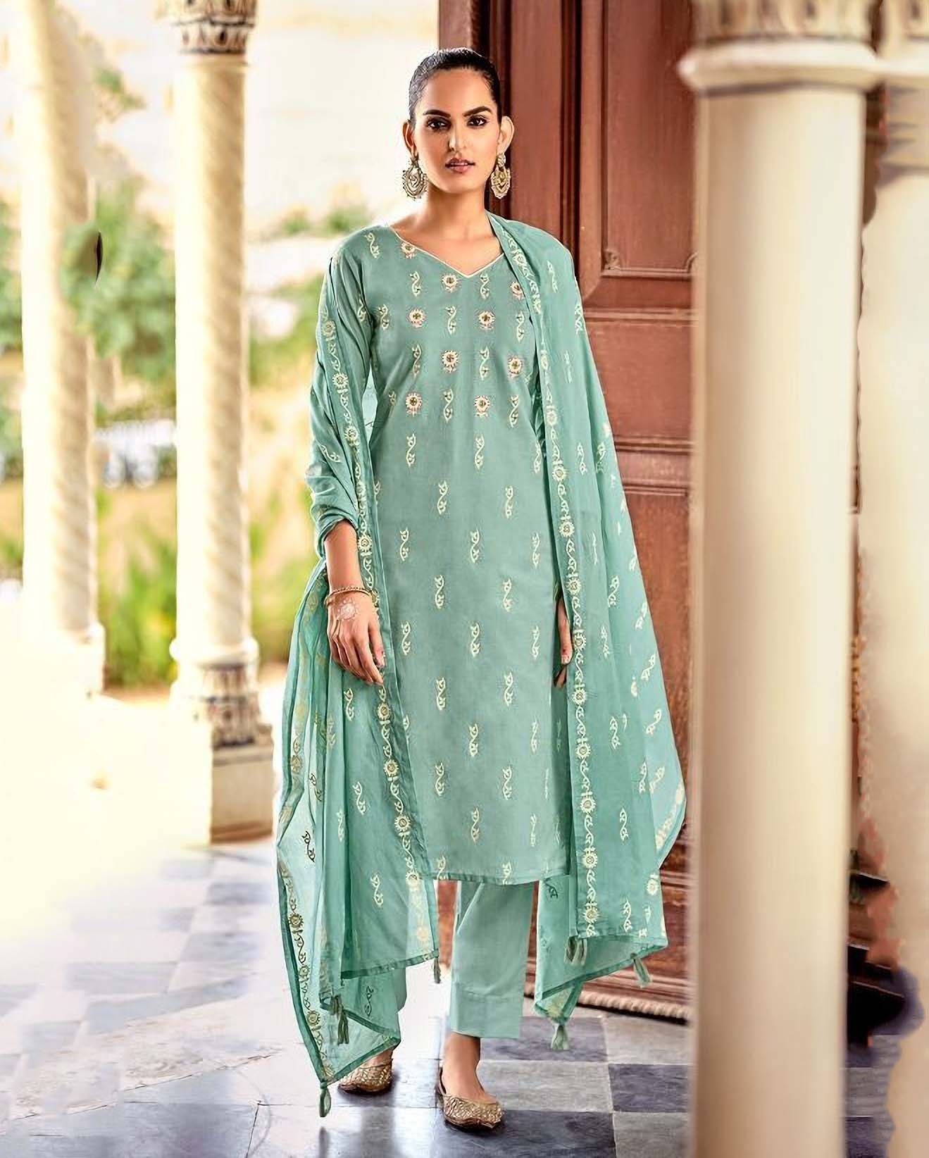 Unstitched Green Cotton Pakistani Dress Material Salwar Suits - Stilento