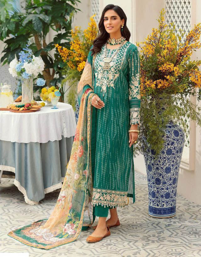 Unstitched Green Cotton Pakistani Style Suits Dress Material - Stilento