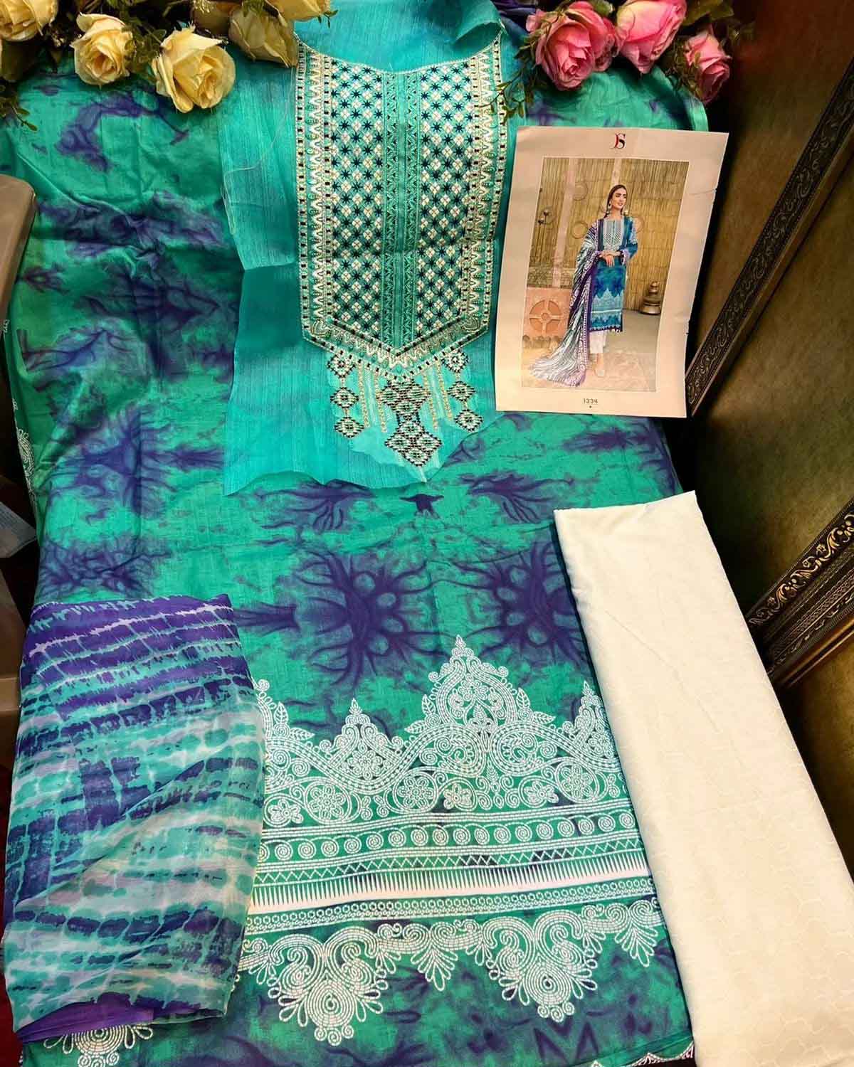 Unstitched Green Cotton Pakistani Suit Material - Stilento