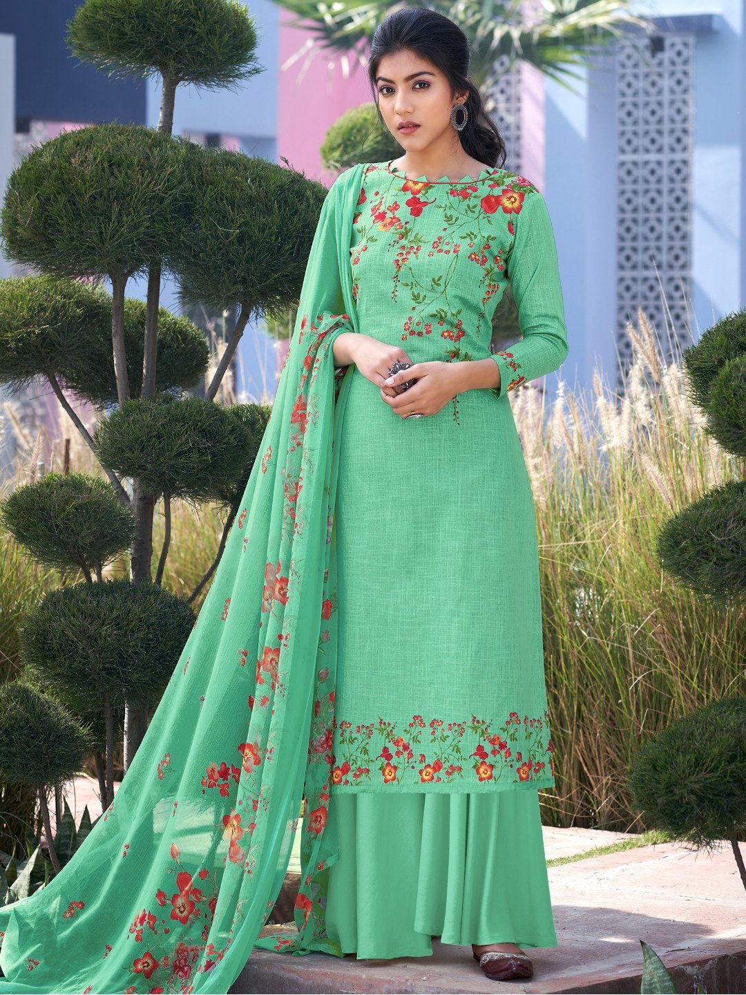 Unstitched Green Cotton Salwar Kameez Material - Stilento