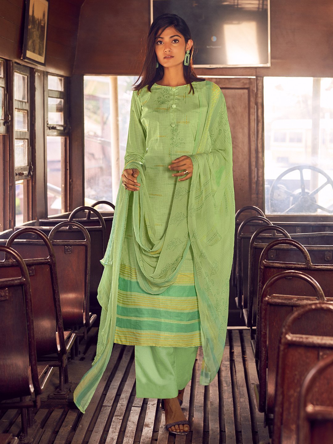 Unstitched Green Cotton Salwar Suit Dress Material - Stilento