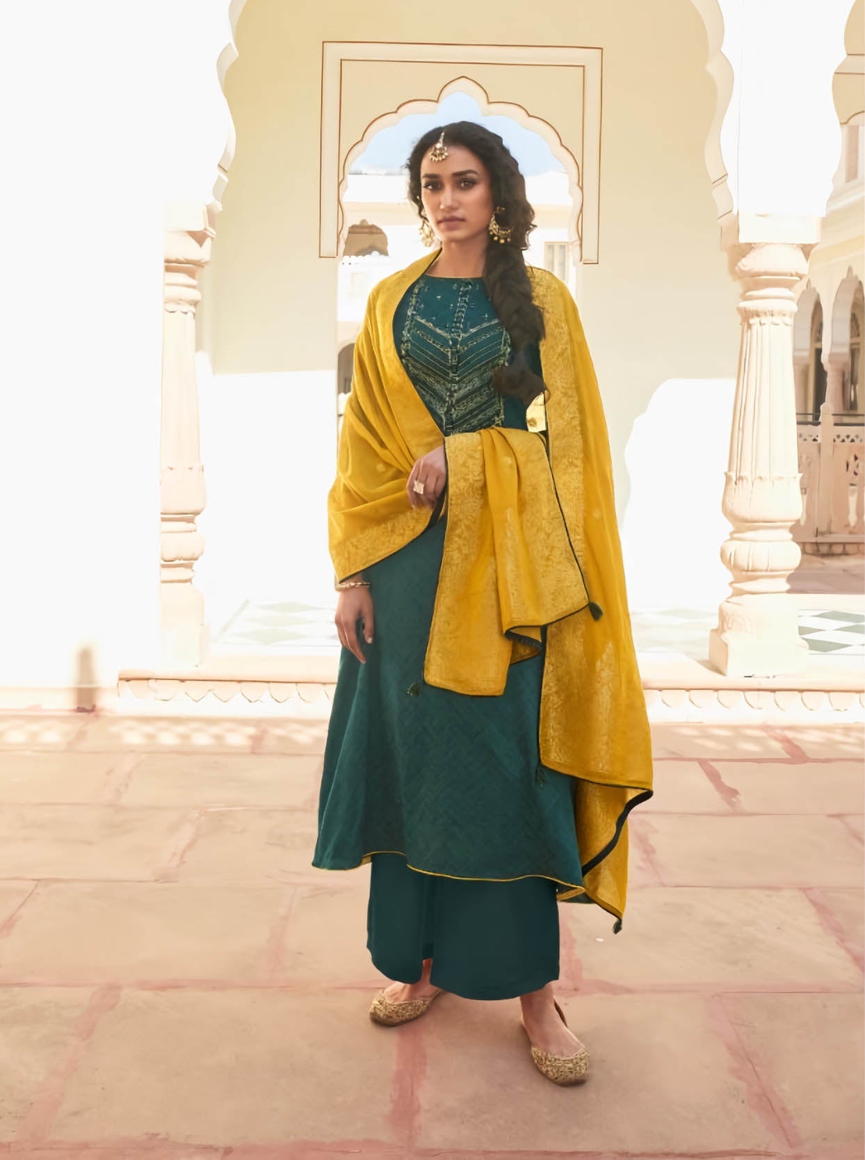 Unstitched Green Cotton Salwar Suits Set With Banarasi Dupatta - Stilento