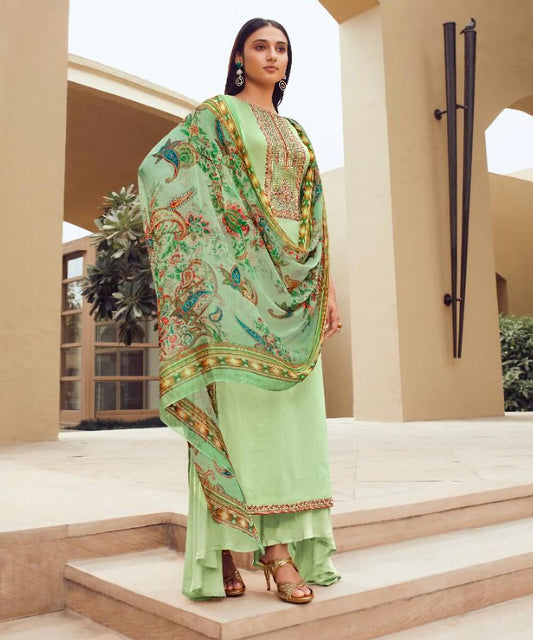 Unstitched Green Cotton Satin Salwar Suit Material with Chiffon Dupatta
