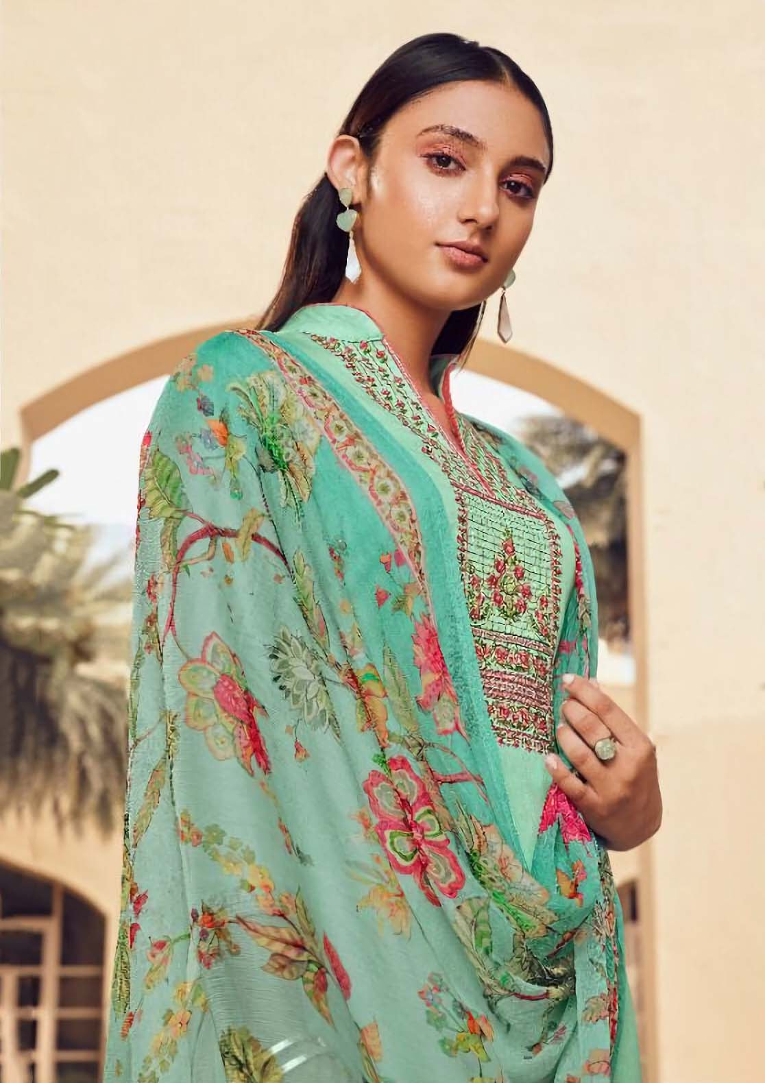 Unstitched Green Cotton Satin Salwar Suit Material with Chiffon Dupatta - Stilento