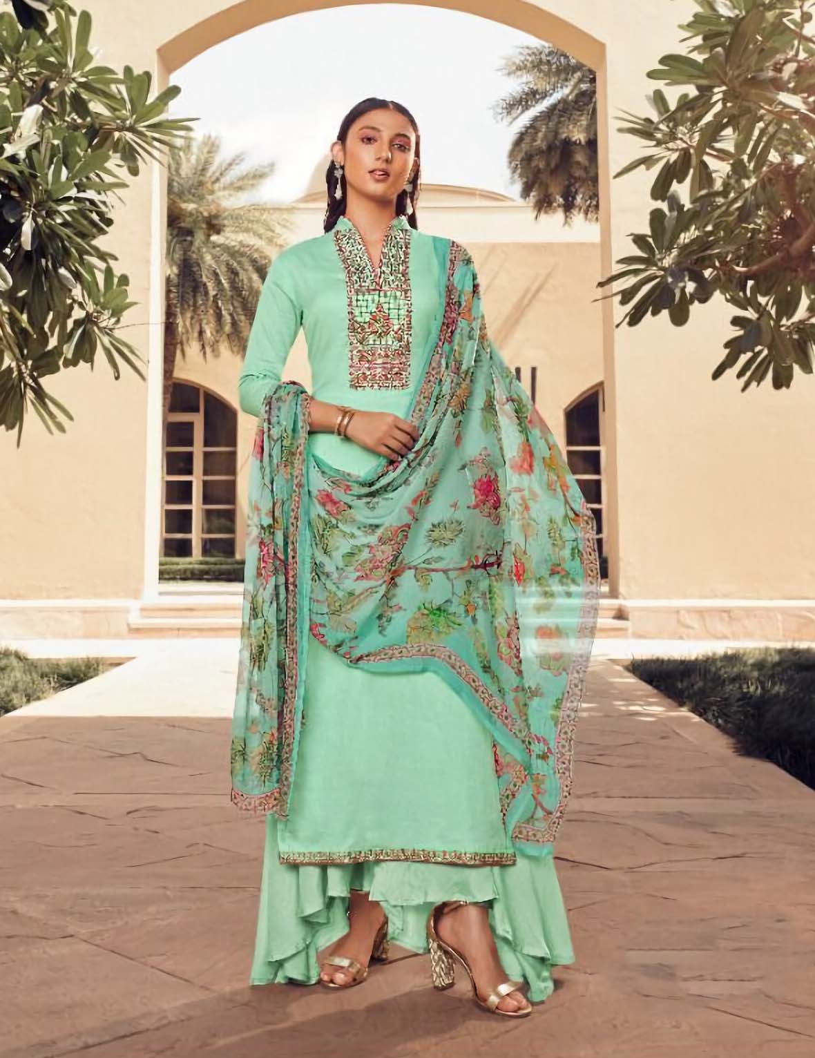 Unstitched Green Cotton Satin Salwar Suit Material with Chiffon Dupatta - Stilento