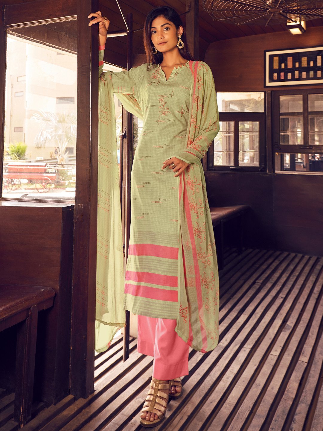 Unstitched Green Cotton Suit Dress Material With Dupatta - Stilento