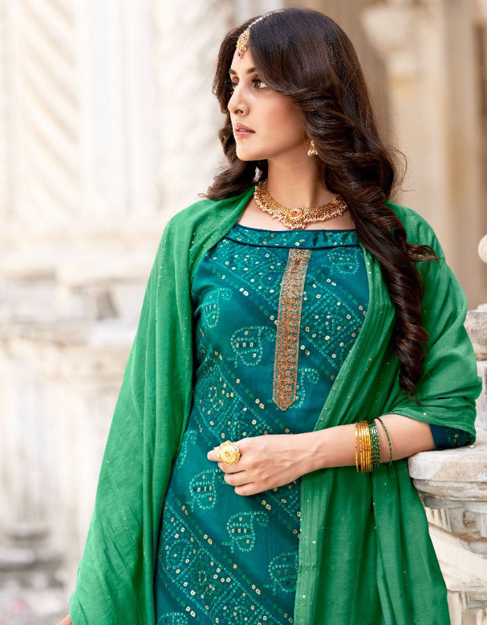 Unstitched Green Foil Print With Kasab Embroidery Palazzo Style Suit Material - Stilento