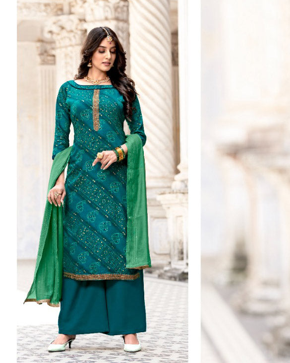 Unstitched Green Foil Print With Kasab Embroidery Palazzo Style Suit Material - Stilento