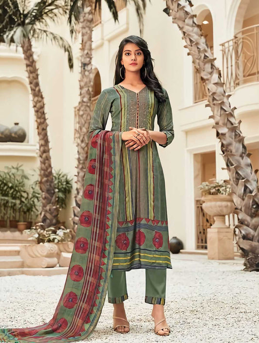 Unstitched Green Muslin Silk Salwar Kameez Suit Set With Chanderi dupatta - Stilento