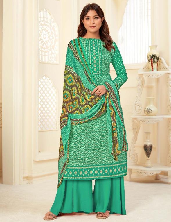 Unstitched Green Palazzo Dress Material with Chiffon Dupatta for Woman - Stilento