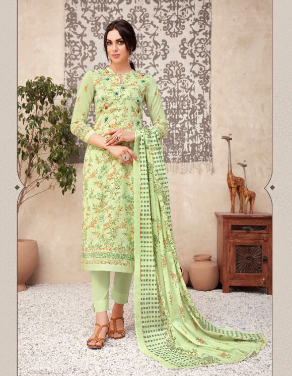 Unstitched Green Printed Cotton Suits With Kota Work - Stilento