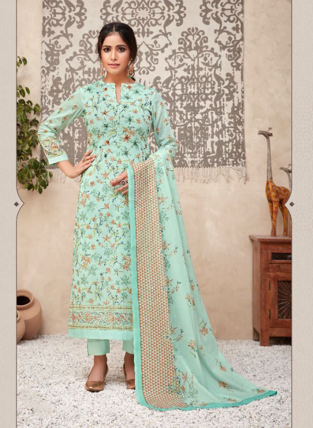 Unstitched Green Printed Cotton Suits With Kota Work - Stilento